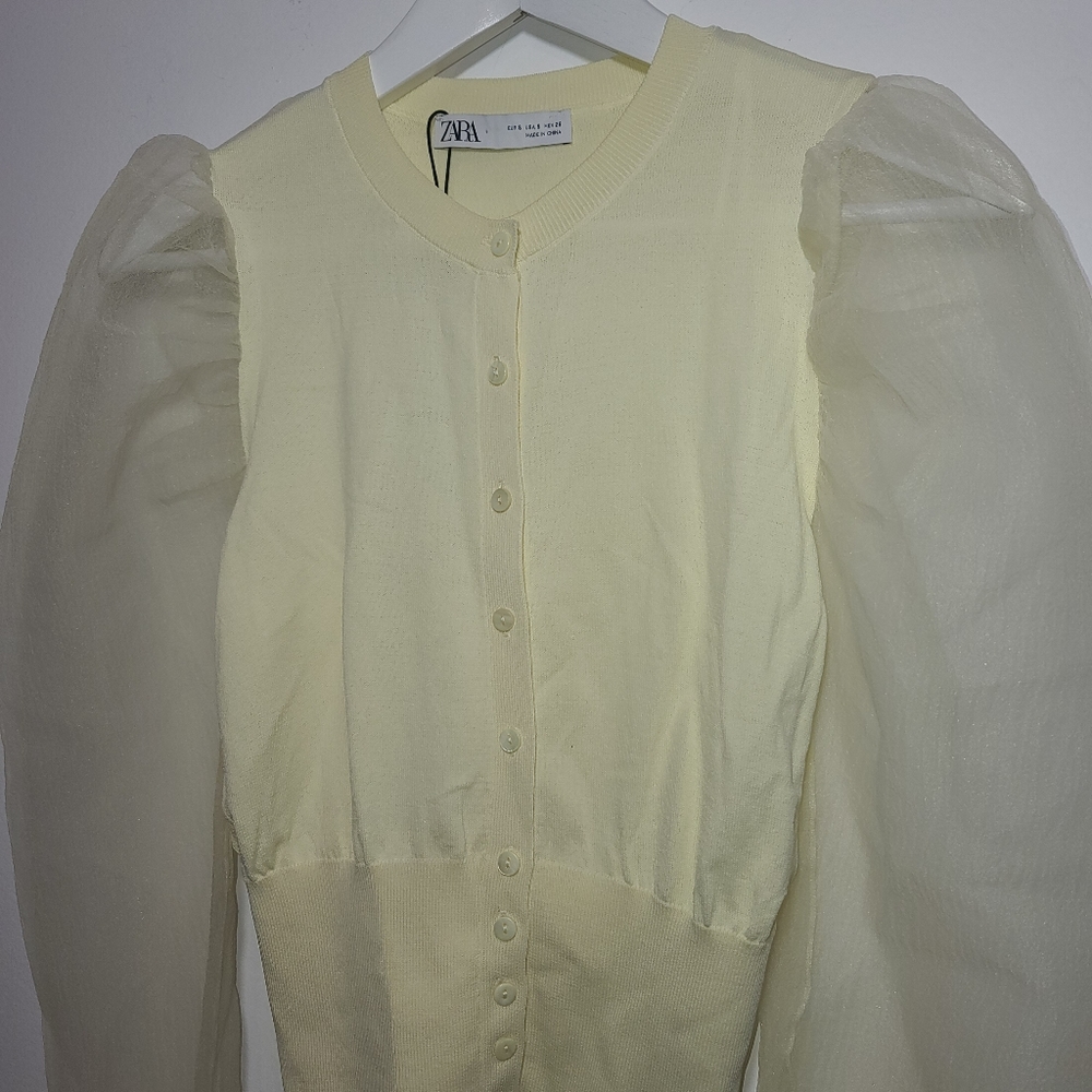 Zara NWT Puff Sheer Sleeve Cardigan Sweater - Picture 2 of 5